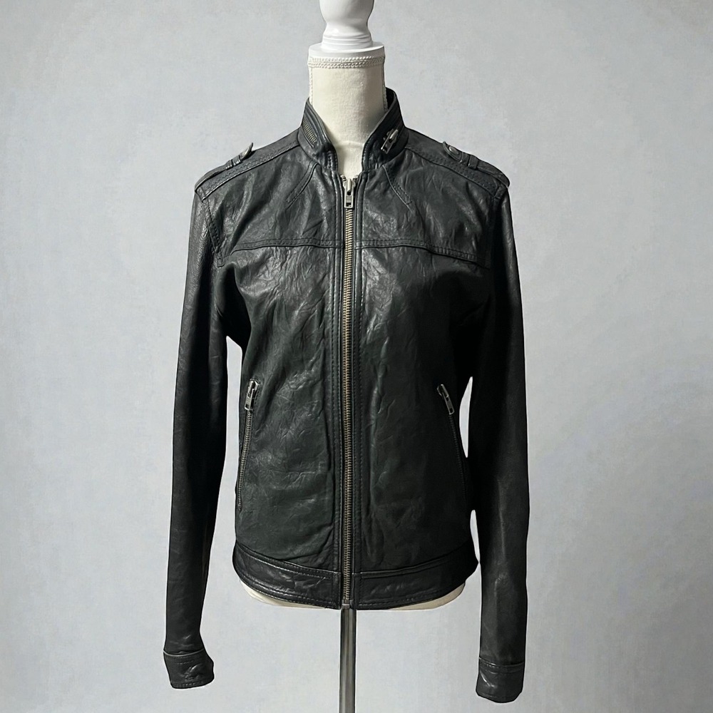H M Black Genuine Leather Moto‎ Jacket Women's Biker Style Full Zip Size